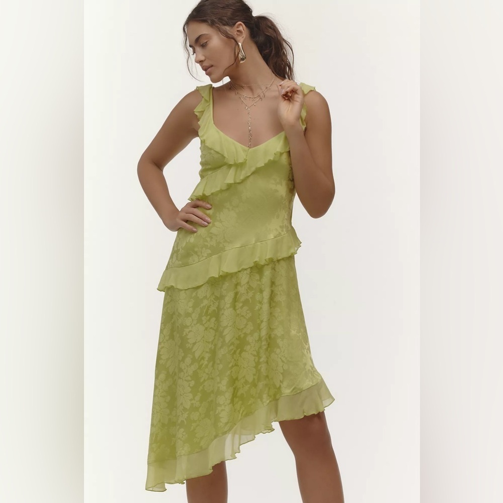 NWT! Anthropologie Lime Green V-Neck Ruffle Asymmetric Midi Dress ❄️⏰